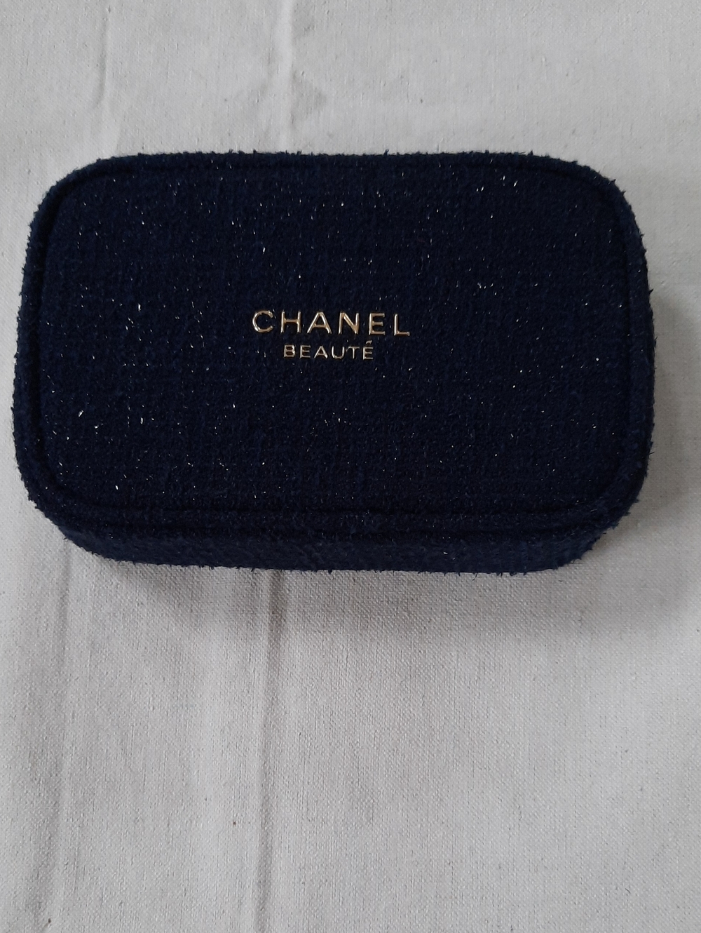 CHANEL Navy Tweed Cosmetic Case with Gold Logo